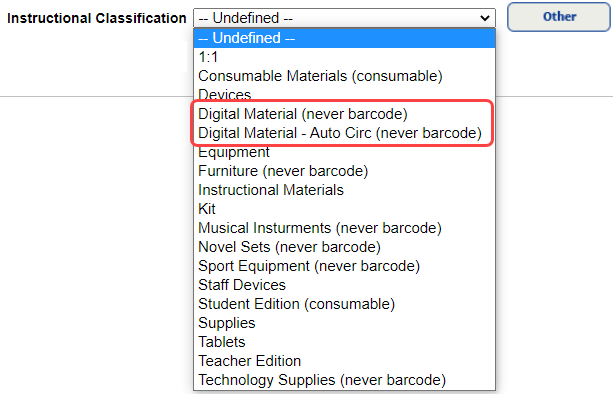 Instructional Classification drop-down with Digital Material circled.